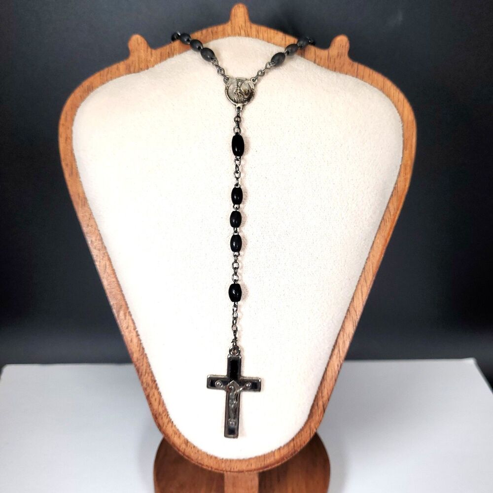Vintage French Rosary Necklace Black Beads Cross Pendant 16" Silver Tone